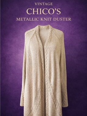 Vintage Chico’s Metallic Knit Duster Cardigan Size 2 (L) Long Open Front